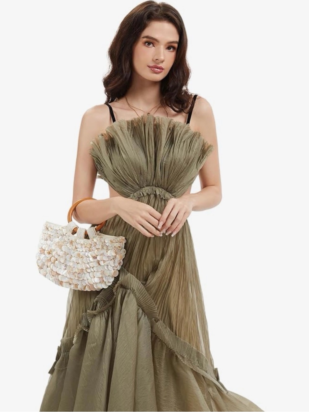Beaded Shell Handle Tote Bag in Cream